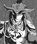  abs greyscale highres looking_at_viewer male_focus monochrome muscle rain sharp_teeth sidon slit_pupils smile solo teeth the_legend_of_zelda the_legend_of_zelda:_breath_of_the_wild wet zora 