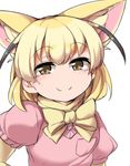  animal_ears bangs blonde_hair blush bow bowtie brown_eyes extra_ears eyebrows_visible_through_hair fennec_(kemono_friends) fox_ears fun_bo gradient_hair kemono_friends looking_at_viewer multicolored_hair puffy_short_sleeves puffy_sleeves short_hair short_sleeve_sweater short_sleeves simple_background smile solo sweater two-tone_hair upper_body white_background 
