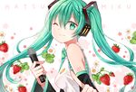  aqua_eyes aqua_hair bare_shoulders blush character_name detached_sleeves diten flower food from_side fruit hatsune_miku long_hair md5_mismatch microphone necktie one_eye_closed smile solo strawberry tattoo twintails upper_body vocaloid white_background wide_sleeves 