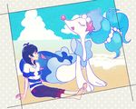  1boy ahoge beach black_hair blue_hair clouds feet hat long_hair pants pokemon pokemon_(creature) pokemon_(game) pokemon_sm primarina seal sitting striped_shirt tagme 