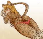  2017 anthro black_fur blonde_hair blush breasts brown_fur butt clothed clothing coffeechicken ears_up eyelashes feline female fur grey_eyes grey_nose hair half-closed_eyes leopard long_hair long_tail looking_at_viewer looking_back lying mammal multicolored_fur multicolored_tail on_front open_mouth partially_clothed portrait side_boob simple_background solo spots spotted_fur thick_thighs three-quarter_portrait voluptuous white_fur 