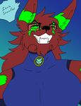  2017 anthro black_nose canine clothed clothing digital_media_(artwork) english_text eyewear fox fur glasses hair looking_at_viewer male mammal muscular redgreenfluffball simple_background smile solo teeth text toothy_grin zach_snowfox 
