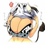  1girl breasts brown_hair cleavage cow_girl cow_horns cow_tail gigantic_breasts hair_ribbon hataraki_ari horns huge_breasts original solo sukimi sukimi_(hataraki) 