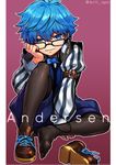  black_legwear blue_eyes blue_hair bow bowtie fate/extra fate/extra_ccc fate/grand_order fate_(series) full_body glasses hans_christian_andersen_(fate) headphones kiritachi male_focus pantyhose shoes single_shoe smile solo twitter_username vest 
