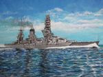  day flag fusou_(battleship) highres imperial_japanese_navy military military_vehicle no_humans nobu_(pixiv17498793) ocean original rising_sun ship smokestack sunburst turret warship watercraft waves 