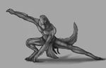  anthro claws clothed clothing dinosaur feathers grey_background looking_at_viewer male monochrome muscular phinja pose reptile scalie simple_background sketch solo teeth theropod tyrannosaurus_rex 