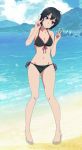  1girl ahoge bare_legs beach bikini black_bikini black_hair blue_eyes blush breasts cleavage full_body grin looking_at_viewer medium_breasts peace_symbol red_ribbon ribbon shirobako short_hair smile swimsuit toudou_misa 