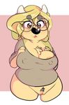  2017 anthro areola big_breasts bottomless bovine breasts cattle clothed clothing erect_nipples female horn lydia_hudson mammal nipple_bulge nipples pubes pussy solo sprocket_(artist) 