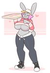  &lt;3 anthro big_breasts blue_eyes breasts buckteeth cleavage clothed clothing clothing_lift female footwear frannie_funbun hair hat huge_breasts kilinah lagomorph looking_at_viewer mammal one_eye_closed pants pink_hair rabbit shirt shirt_lift shoes solo standing teasing teeth under_boob wink 