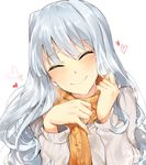  closed_eyes heart highres idolmaster idolmaster_(classic) long_hair orange_scarf ribbed_sweater scarf shijou_takane silver_hair smile solo sweater tuxedo_de_cat white_background 