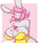  big_breasts blue_eyes breasts buckteeth bunny_costume cleavage clothed clothing costume cupcake female food frannie_funbun fur grey_fur hair lagomorph long_ears looking_at_viewer mammal pink_hair playboy_outfit rabbit solo standing stunsfw teeth tongue tongue_out wide_hips 