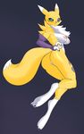  2017 anthro areola armwear black_sclera blue_eyes breasts bridal_gauntlets butt canine clothing digimon featureless_crotch female fox fur mammal mostly_nude nipples pink_nipples ramudey renamon side_boob solo white_fur yellow_fur 