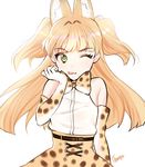  ;p animal_ears bad_id bad_pixiv_id bare_shoulders bow bowtie chungu cosplay elbow_gloves gloves green_eyes idolmaster idolmaster_cinderella_girls jougasaki_rika kemono_friends long_hair one_eye_closed serval_(kemono_friends) serval_(kemono_friends)_(cosplay) serval_ears serval_print simple_background solo tongue tongue_out two_side_up white_background 
