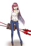  aozaki_aoko blush breasts collarbone cosplay denim fate/grand_order fate_(series) hand_in_hair hand_on_head i.f.s.f jeans long_hair look-alike medium_breasts melty_blood pants purple_hair red_eyes scathach_(fate)_(all) scathach_(fate/grand_order) shirt shoes solo transparent_background tsukihime 
