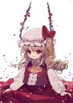  ainy77 blonde_hair bow commentary_request curly_hair dress flandre_scarlet flower hat hat_ribbon long_sleeves mob_cap petals red_eyes red_flower red_rose red_skirt ribbon rose shirt side_ponytail skirt smile solo touhou vest wings 