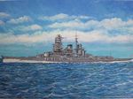  flag hiei_(battleship) highres imperial_japanese_navy military military_vehicle no_humans nobu_(pixiv17498793) ocean original rising_sun ship smokestack sunburst turret warship watercraft waves 