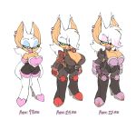 age_progression big_breasts bigdad breasts chiropteran clothing english_text eyeshadow female hair hair_over_eye high_heeled_boots jacket lipstick looking_at_viewer makeup mammal rouge_the_bat smile solo sonic_(series) text 
