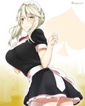  alternate_costume apron artoria_pendragon_(all) artoria_pendragon_(lancer_alter) ass black_dress blonde_hair blush braid breasts commentary_request dress embarrassed fate/grand_order fate_(series) from_below hair_between_eyes hair_up hand_up highres large_breasts looking_at_viewer maid maid_apron maid_headdress mattari_yufi pun short_sleeves sidelocks solo spade_(shape) sweatdrop thighhighs twitter_username white_legwear yellow_eyes zettai_ryouiki 