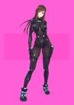  arms_at_sides bangs black_bodysuit bodysuit breasts brown_eyes brown_hair commentary_request contrapposto covered_navel curvy full_body gantz gantz_suit highres large_breasts long_hair looking_at_viewer parted_lips pink_background shimohira_reika skin_tight smile solo spandex standing swept_bangs yuuji_(and) 