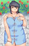  1girl bare_shoulders black_hair blue_eyes blush breasts erect_nipples fat highres itou_yukino large_breasts long_hair looking_at_viewer no_bra no_panties orizen ponytail real_drive solo standing thick_thighs thighs 