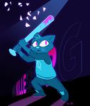  anthro bat clothed clothing english_text feline female fur lynxgriffin mae_(nitw) mammal melee_weapon night_in_the_woods solo text video_games weapon 
