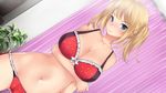  1girl blonde_hair blue_hair breasts eyebrows_visible_through_hair jasmin_(negligee) large_breasts lingerie navel negligee_(game) red_bra red_panties side-tie_panties sidelocks smile twintails underwear 