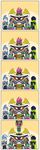  5koma armor belt comic commentary_request highres kamen_rider kamen_rider_brave kamen_rider_ex-aid kamen_rider_ex-aid_(series) kamen_rider_snipe male_focus maximum_mighty_x_level_99 motion_lines multiple_boys parody pop-up_pirate redol silent_comic stabbed sword weapon 