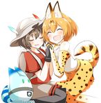  ^_^ ^o^ animal_ears backpack bag black_gloves black_hair blonde_hair bow bowtie closed_eyes commentary_request cross-laced_clothes elbow_gloves fur_collar gloves hair_between_eyes hat hat_feather helmet high-waist_skirt holding_hands japari_symbol kaban_(kemono_friends) kemono_friends lucky_beast_(kemono_friends) multiple_girls open_mouth pantyhose pia_(botamochinjufu) pith_helmet red_shirt serval_(kemono_friends) serval_ears serval_print serval_tail shirt short_hair shorts skirt sleeveless sleeveless_shirt smile striped_tail tail wavy_hair |d 