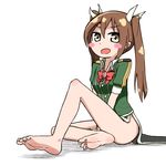  bad_id bad_pixiv_id barefoot between_legs blush blush_stickers brown_eyes brown_hair collar eyebrows eyebrows_visible_through_hair feet feet_up hair_between_eyes hand_between_legs hands_clasped kantai_collection long_hair looking_at_viewer lying military military_uniform on_stomach open_mouth own_hands_together salpin short_sleeves sitting soles toes tone_(kantai_collection) twintails uniform 
