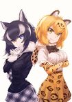  absurdres animal_ears back-to-back black_hair blonde_hair blue_eyes breast_hold breasts commentary_request elbow_gloves emoto_reishi fur_collar gloves grey_wolf_(kemono_friends) heterochromia highres jaguar_(kemono_friends) jaguar_ears kemono_friends large_breasts long_hair long_sleeves looking_at_viewer multicolored_hair multiple_girls necktie shirt short_hair short_sleeves simple_background skirt smile two-tone_hair wolf_ears yellow_eyes 