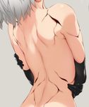  android back bare_shoulders black_gloves feguimel from_behind gloves grey_background head_out_of_frame leather leather_gloves nier_(series) nier_automata nude self_hug short_hair silver_hair solo yorha_no._2_type_b 
