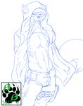  2017 5_toes anthro balls blackbear clothed clothing erection jacket line_art male mammal monochrome muscular raccoon shirt simple_background sketch sly_cooper sly_cooper_(series) solo standing striptease toes video_games white_background 