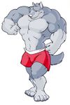  2005 boxer_briefs canine clothed clothing flexing grey_wolf male mammal muscular muscular_male partially_clothed poop_(artist) simple_background underwear wolf 