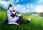  5_fingers anthro badger black_nose blue_fur breasts day detailed_background duo featureless_breasts female fur grass green_eyes kangaroo lycangel male mammal marsupial mustelid nude outside sitting sky smile 
