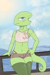  absurd_res anchor anthro blue_eyes booty_shorts bridge bulge chameleon clothing cloud crop_top curled_tail front_view girly hand_on_hip hi_res legwear leon_powalski lizard nintendo portrait railing reptile salamikii scalie sea seductive shirt shorts smile star_fox stockings sun thick_thighs thigh_highs thong three-quarter_portrait video_games water wide_hips 