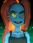  3d_(artwork) anthro digital_media_(artwork) eye_patch eyewear female fish hair long_hair marine red_hair smile solo undertale undyne uwotinfokm8 video_games yellow_eyes 