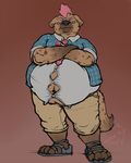  2017 4_toes anthro belly big_belly biped black_claws black_nose blue_clothing blue_shirt blue_topwear brown_background brown_fur brown_spots brown_tail claws clothed clothing crossed_arms digital_media_(artwork) dress_shirt ears_down eyebrows flannel flannel_shirt footwear front_view full-length_portrait fully_clothed fur grey_footwear grumpy hair hi_res hyena looking_at_viewer male mammal mohawk multicolored_fur multicolored_tail navel necktie nommz overweight overweight_male pink_eyes pink_hair plantigrade portrait raf_(indigorho) sandals shirt short_hair signature simple_background solo spots spotted_fur spotted_hyena standing tan_bottomwear tan_clothing tan_fur tan_shorts tan_tail toe_claws toes two_tone_fur two_tone_tail white_clothing white_shirt white_topwear 