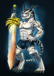  abs anthro azsola blue_eyes bulge charr digitigrade feline fingers guild_wars holding_object holding_weapon horn male mammal melee_weapon smile solo sword teeth toes video_games weapon whiskers 