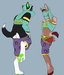  2017 5_fingers anthro bent_over breath_of_the_wild butt canine changing_clothes clothed clothing digital_media_(artwork) dog duo embarrassed equine gerudo girly horse husky male mammal maru_glas melvin_(pyre-light) nintendo no_text partially_clothed rah-kisara safe smile standing the_legend_of_zelda video_games 