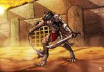  4_toes anthro armor azsola barefoot battle clothed clothing day detailed_background holding_object holding_weapon hyena mace male mammal melee_weapon outside sand solo standing sun sword toes topless warrior weapon 