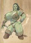  areola big_breasts breasts cleavage clothed clothing erect_nipples female gideon huge_breasts humanoid melee_weapon nipples not_furry orc skimpy sword weapon 
