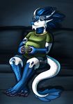  anthro azsola blue_eyes blue_scales clothed clothing digitigrade dragon gaming male overweight scales sitting solo 