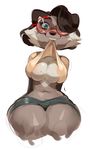  anthro big_breasts biting_shirt blue_eyes blush breasts buckteeth bypbap clothed clothing clothing_lift eyewear female freckles glasses hair hair_over_eye mammal navel nipple_slip nipples shirt shirt_lift simple_background teeth thick_thighs white_background wide_hips 