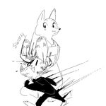  2017 anthro arctic_fox black_and_white blood canine clothed clothing disney english_text female fox jack_savage lagomorph male mammal monochrome rabbit replytoanons simple_background skye_(zootopia) text walking white_background zootopia 