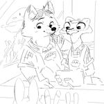  2017 anthro apron black_and_white canine clothed clothing disney ferret fox gideon_grey group lagomorph male mammal monochrome mustelid rabbit replytoanons store travis_(zootopia) zootopia 