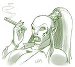  big_breasts breasts cigar cleavage clothed clothing gideon humanoid not_furry orc smoking 