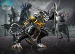  4_toes anthro armor axe azsola black_hair blue_eyes charr day digitigrade feline group guild_wars hair holding_object holding_weapon horn male mammal melee_weapon outside raining shield standing teeth toes undead video_games weapon zombie 