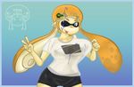  big_breasts blue_eyes breasts clothed clothing female inked inkling inkling_girl navel nintendo nipples not_furry one_eye_closed pose solo splatoon thekrakenislaken tkil translucent v_sign video_games 