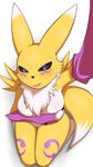  2017 absurd_res anthro aoinu armpits armwear big_breasts black_sclera blue_eyes blush breasts bridal_gauntlets canine claws clothing covering digimon female fox fur hi_res high-angle_view kneeling looking_at_viewer mammal markings mostly_nude open_mouth purple_markings renamon simple_background smile solo sweat tuft white_background white_fur yellow_fur 