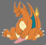  2017 animal_genitalia blue_eyes charizard claws erection fangs feral genital_slit grey_background hindpaw holding_penis male nintendo orange_body outline paws penis pok&eacute;mon scalie simple_background sitting slit smile smirk solo spread_legs spreading tapering_penis video_games wings x03 
